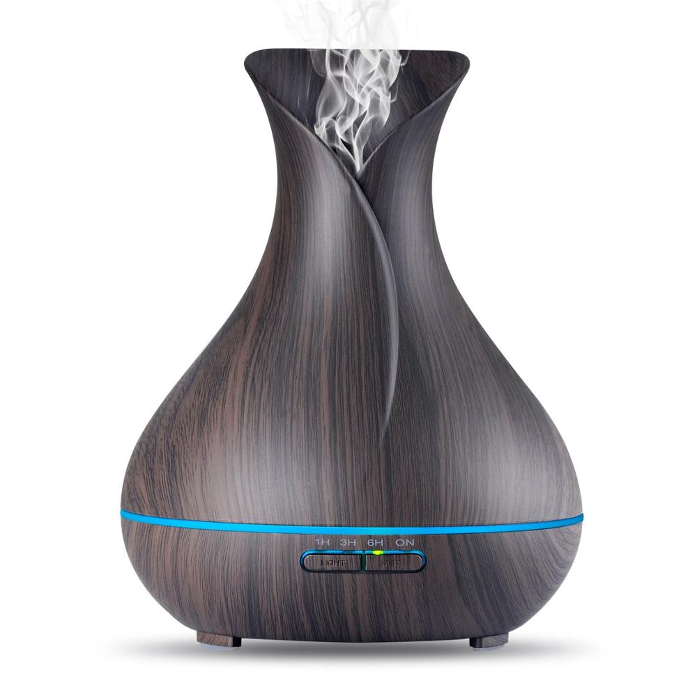 400ml DarkWood Grain Essential Oil Diffuser, Ultrasonic Cool Mist Humidifier Vase SHape Little Decor in Your Bedroom