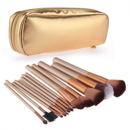 Superior 12pcs Professional Soft Cosmetic Makeup Brush Set Golden Pouch Bag