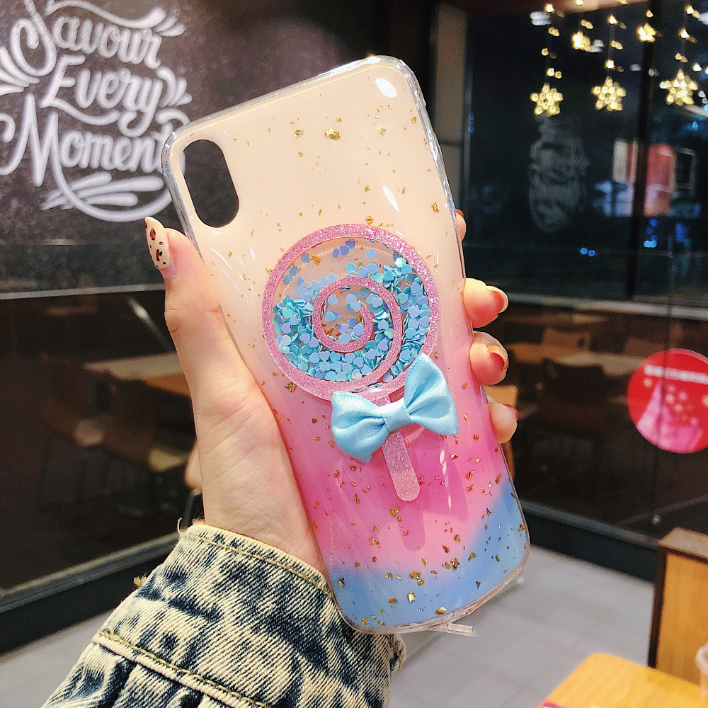 Romantic 3D cartoon lollipop  silicone Phone Case for iPhone Xr , Glitter Rainbow Plastic Back Cover Case for iPhone 8 Plus