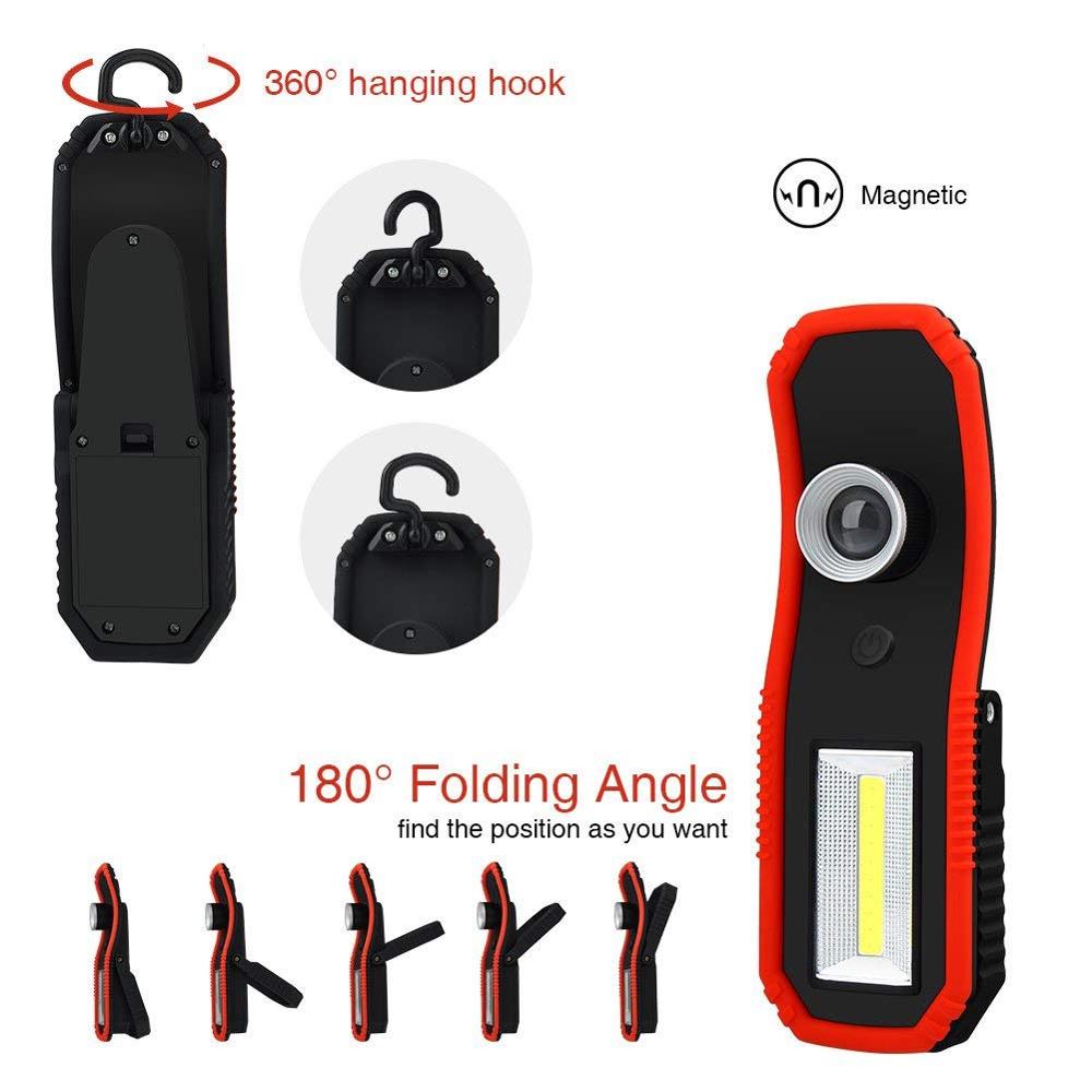 Cob+T6 portable inspection work light with T6 zoomable flashlight with magnet with hook with battery operated with rubber paint