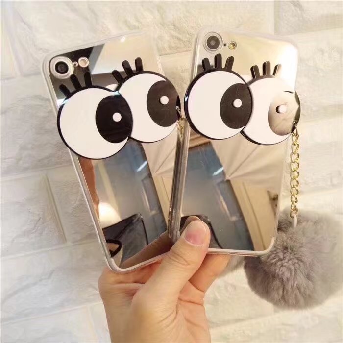 3D Big Eyes Mirror Mobile Phone Case with Furry Ball for iPhone 6s 7 plus for Apple iPhone 8 Mirror Case