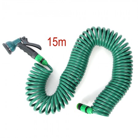 15M Portable Garden Water Coil Coiled Hose Pipe With Spray Nozzle Head 7 Patterns