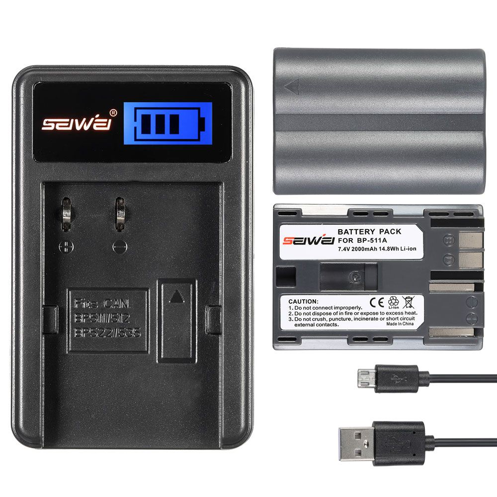 Rechargeable 7.4V 2000mAh Li-ion Camera Battery with LCD USB Charger Kit for Canon Replacement for Canon BP-511 BP-511A Battery