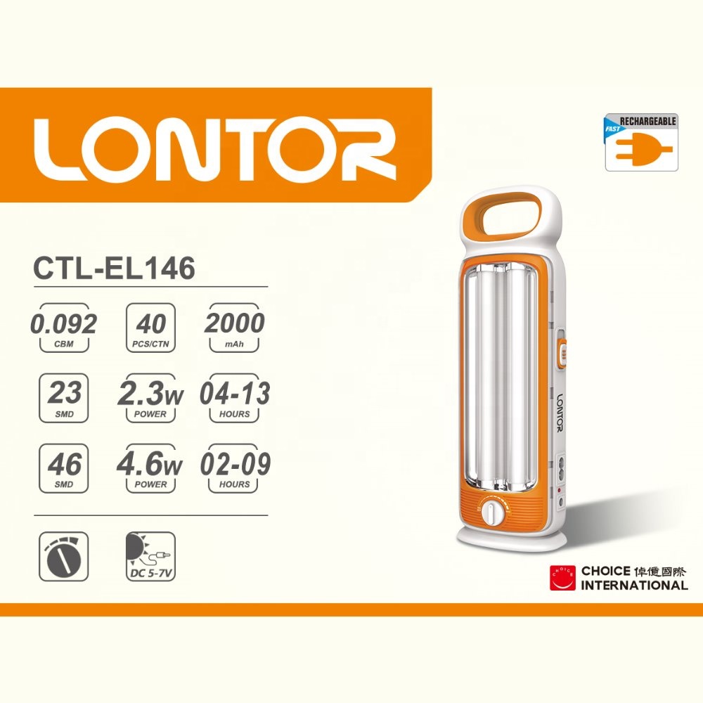 LONTOR rechargeable multi functional emergency light with dual tubes        EL146