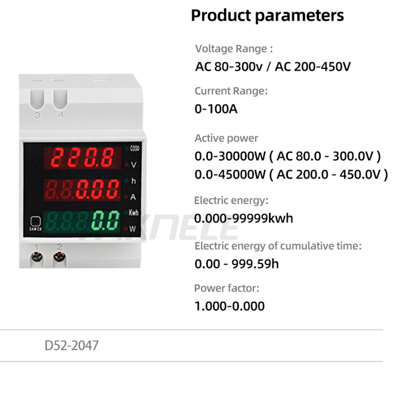 Digital LED Voltage Current Active Power Factor Energy Meter AC80-300V 100A DIN-rail Electric Digital power energy meter