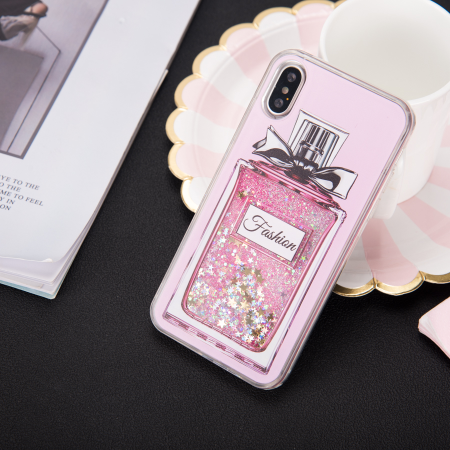 Fashion Perfume Bottle Liquid Quicksand Plastic Phone Case with TPU Bumper for iPhone X