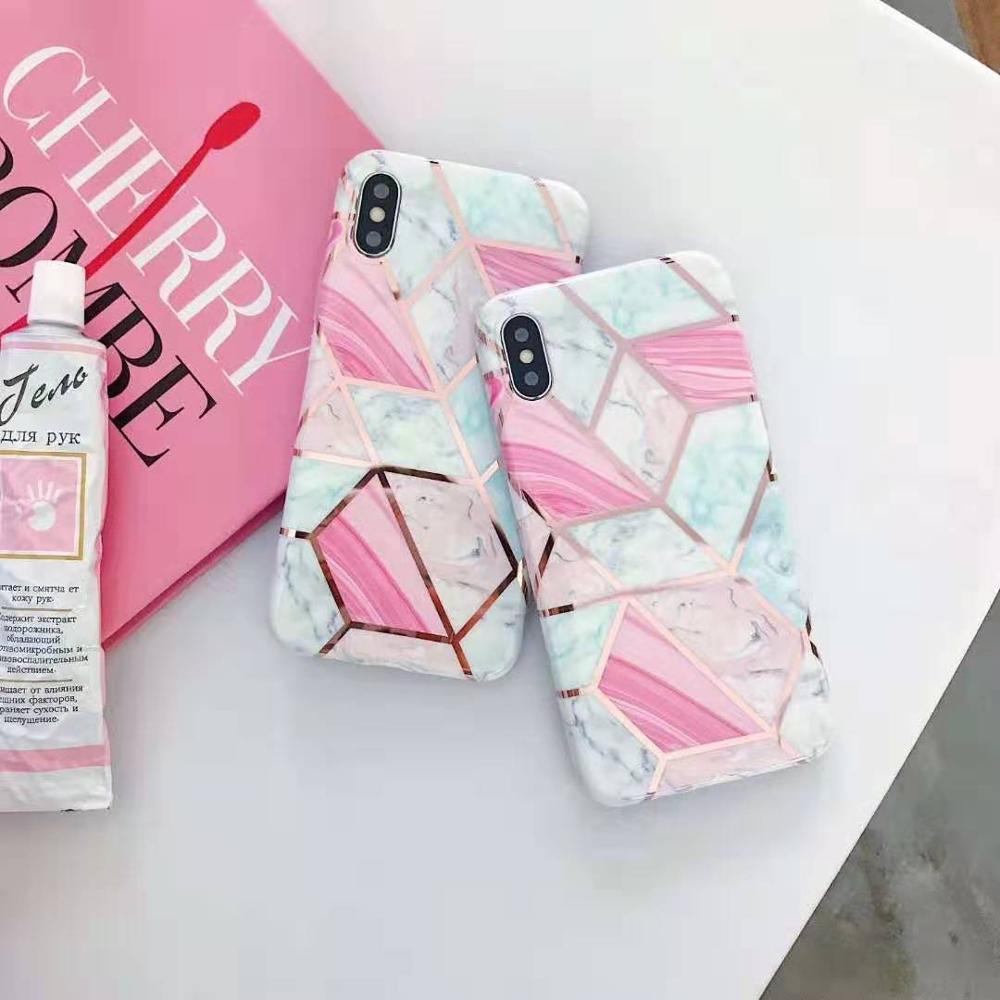 2019 New Pink Marble Design Clear Bumper Glossy TPU Soft Rubber Phone Case Cover for iPhone Xr X 8 Plus