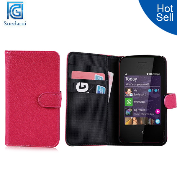 Book style wallet Lichee Leather Case Cover For Nokia asha 230