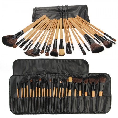 Set 24pcs Wood Professional Cosmetic Makeup Brush Pouch Bag Case