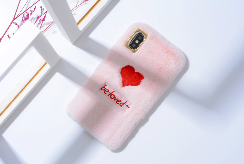 For iPhone XS Fur Case  , Be Loved Heart Fluffy Furry Phone Case for iPhone 8 Plus XR XS Max