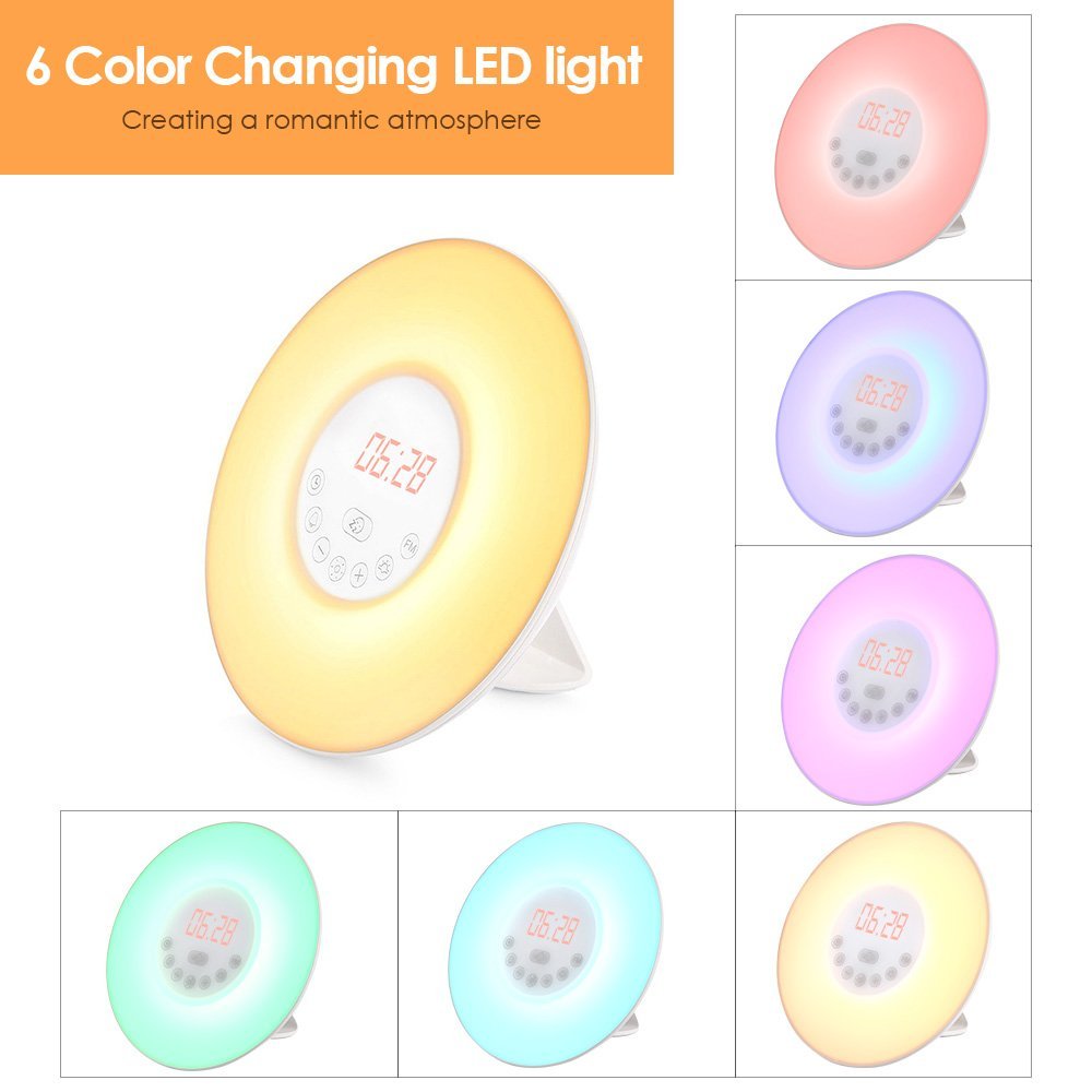 Sunrise Alarm Clock - Digital LED Clock with 6 Color Switch and FM Radio for Bedrooms - Multiple Nature Sounds Sunset Simulation