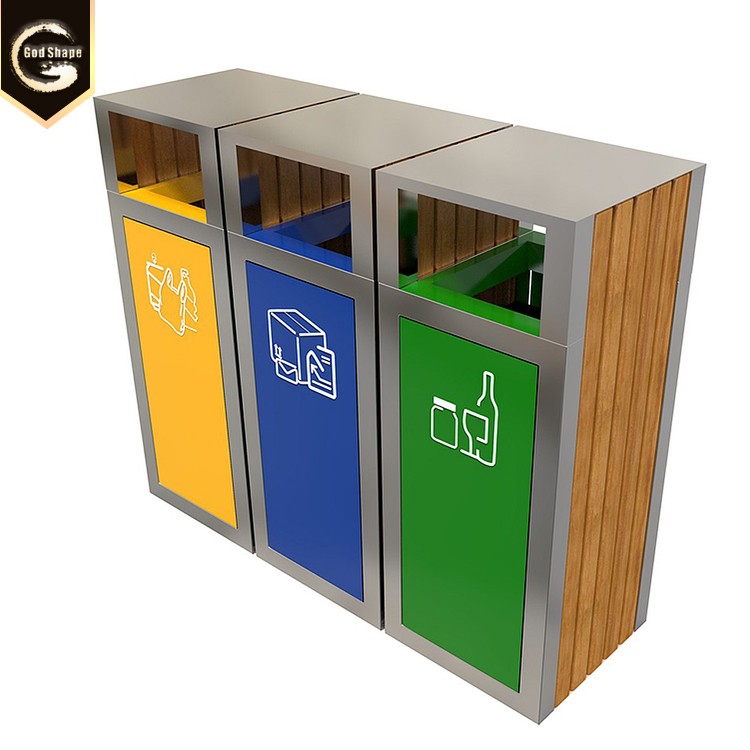 Hot Sell Factory Large Triple High Quality Advertising Outdoor Metal Stainless Steel Black Trash Can Waste Bins