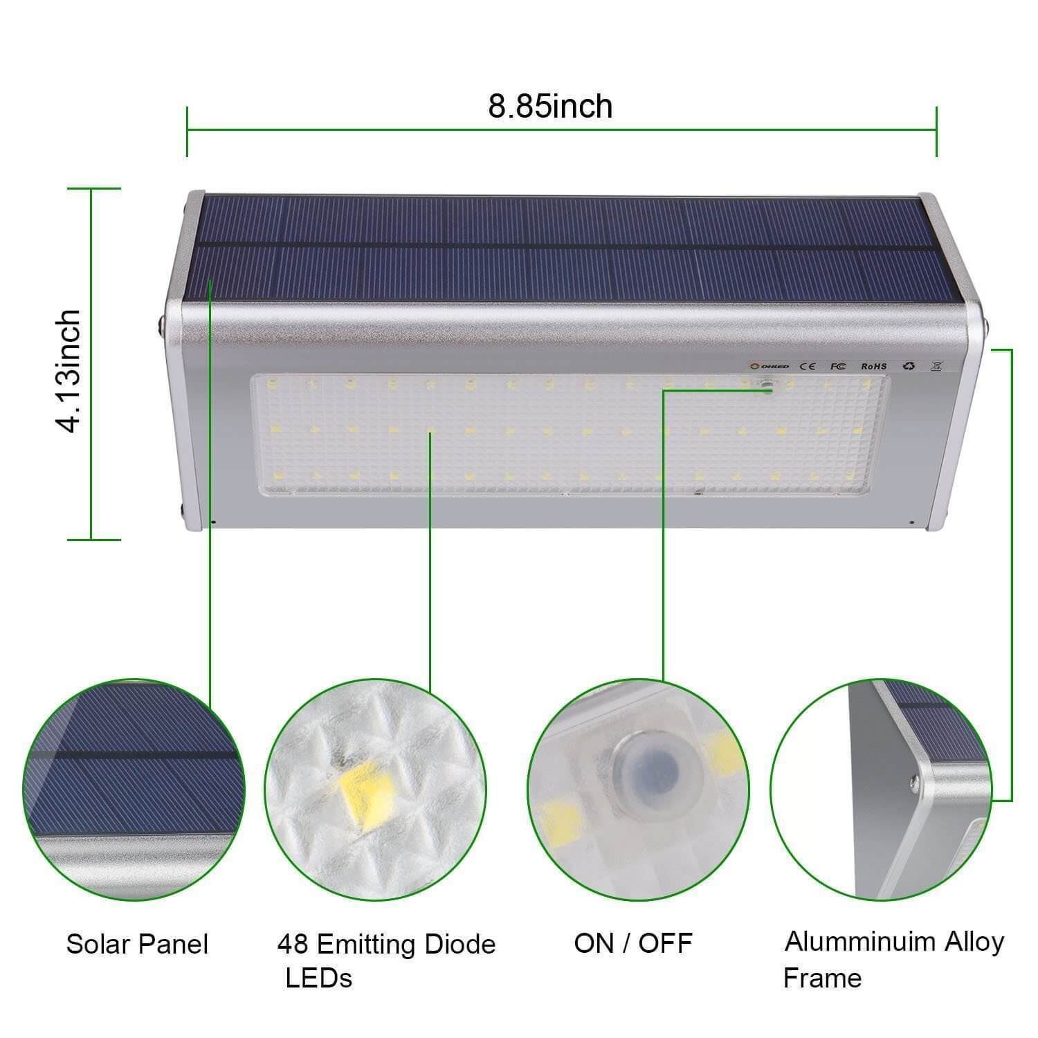 48 LED Waterproof street Garden paito Coutyard Wall mounted Aluminum solar outdoor security Lamp