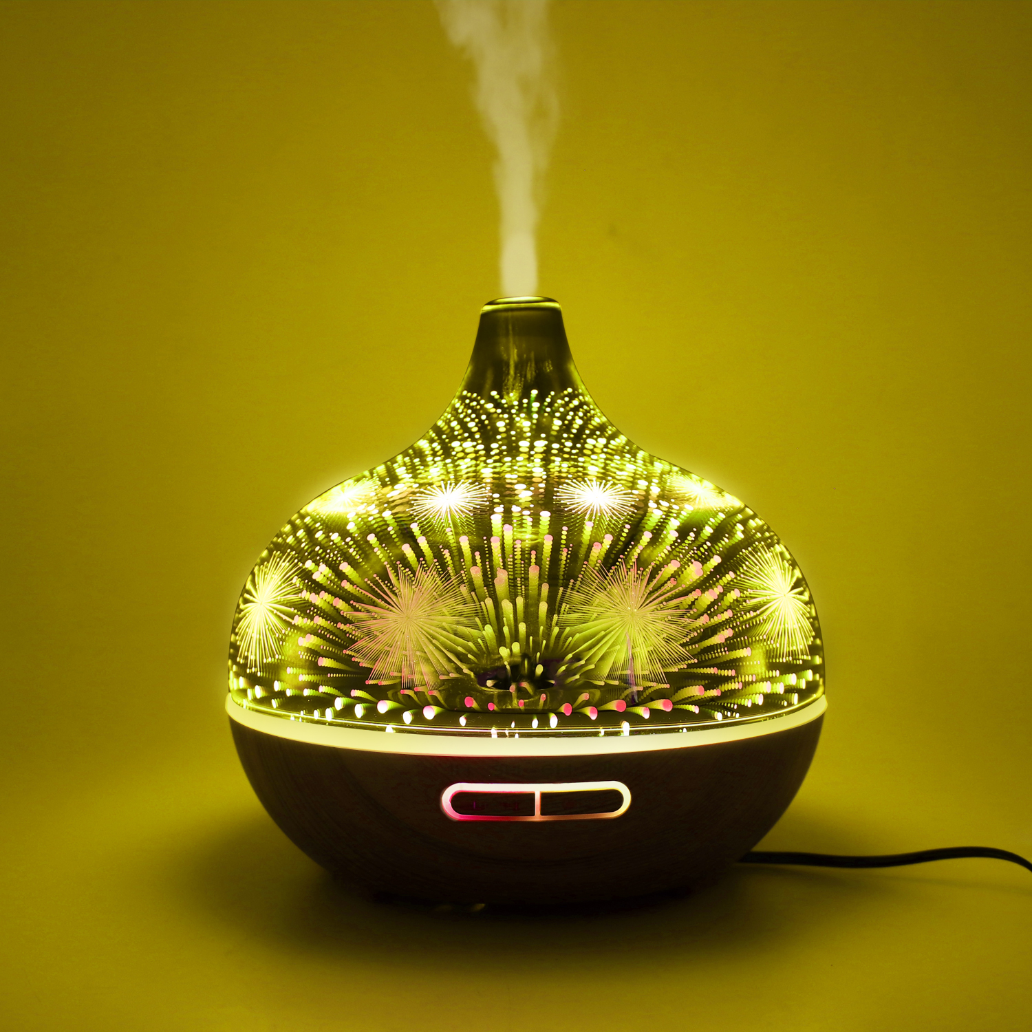 Wood Grain Base Beautiful Fireworks Design 3D Glass Essential Oil Diffuser Humidifier with Remote Control