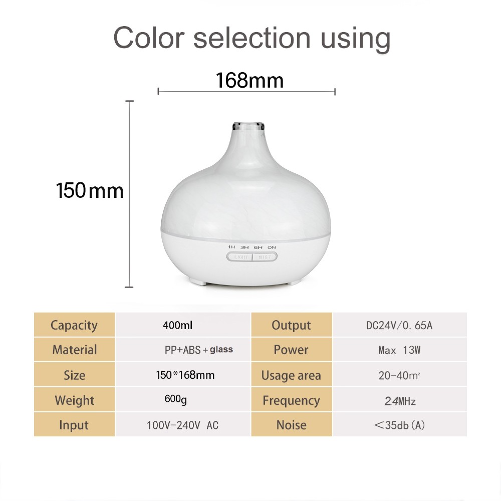 Spa Modern White Glass  Essential Oils Diffuser, 400ml larger glass Diffuser with 7 color Led Lamp Change