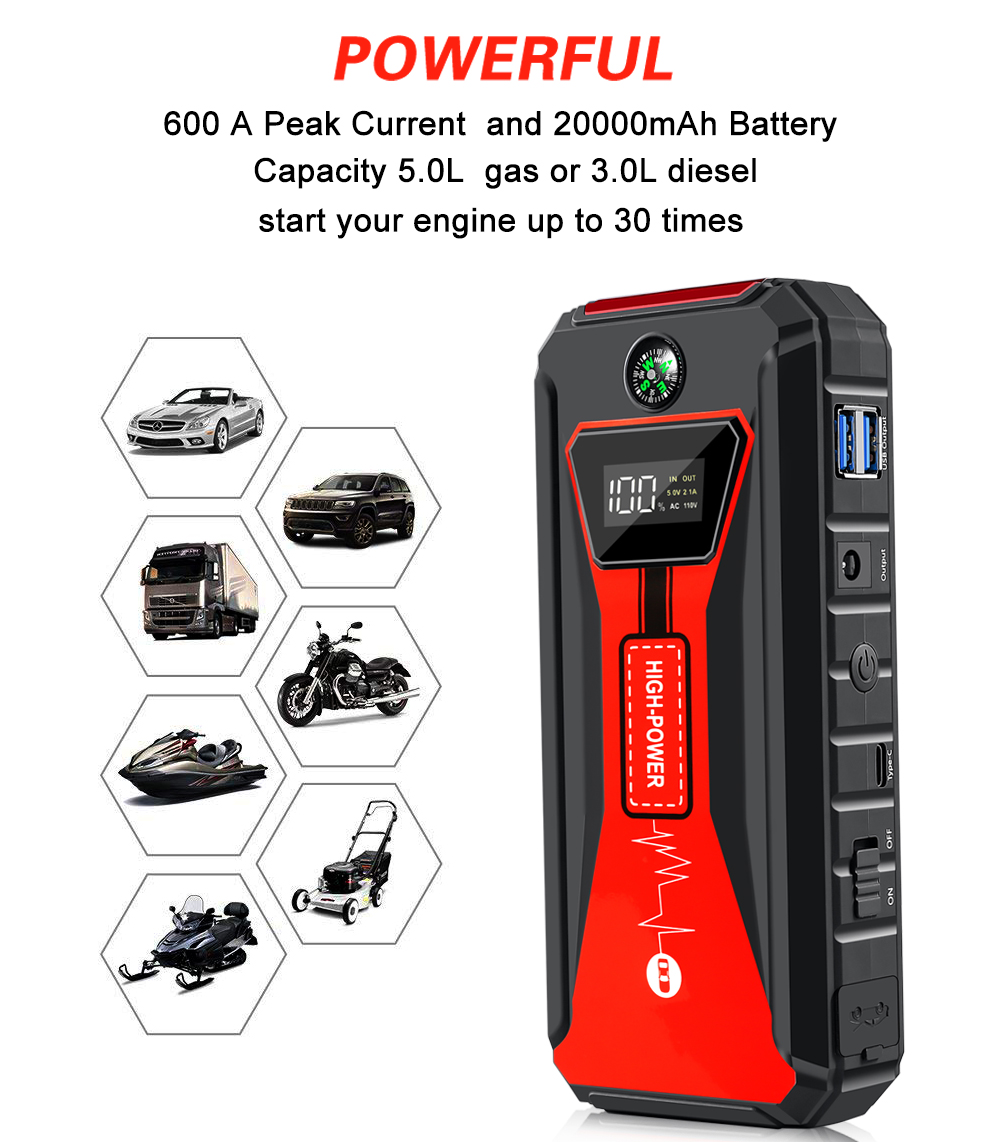 20000mAh Mini Portable Car Battery Jump Starter Power Bank booster pack car jump starter