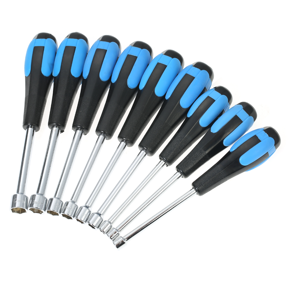 9pcs Nut Driver Hex Nut Key Wrench Screwdriver Nutdriver Hand Tool Hollow Metric Sizes Hex Bit Sockets 5/5.5/6/7/8/9/10/11/12mm