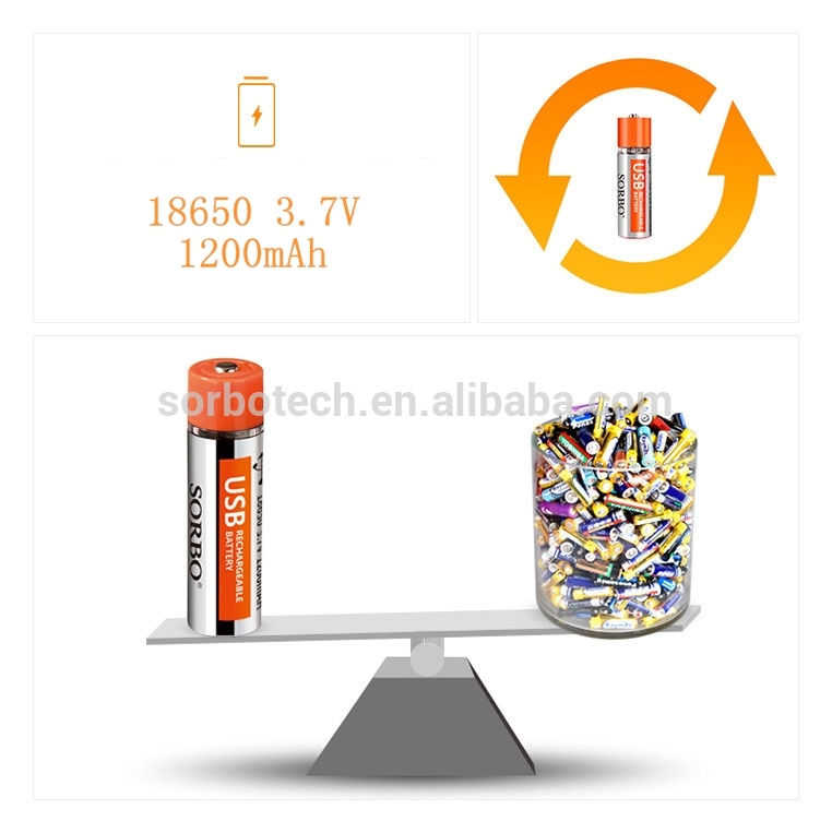 USB Rechargeable 18650 3.7V Li-polymer 1200mAh Battery