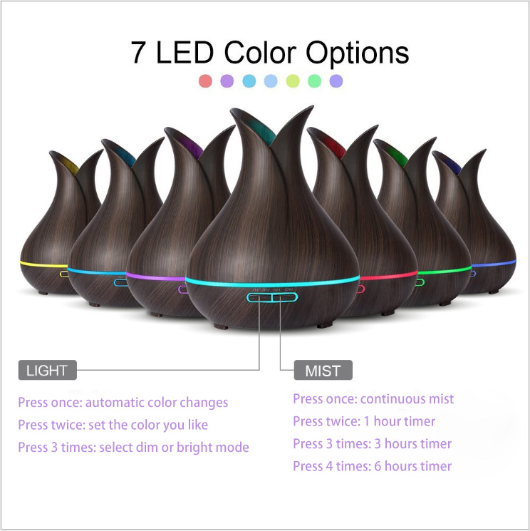 Customizable 400ml Dark Wood Grain Ultrasonic Aroma Cool Mist Humidifier with 7-Color LED Lights