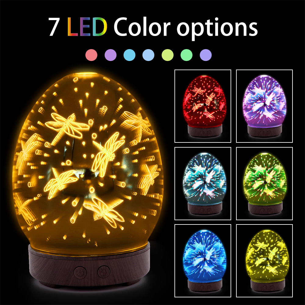 100ml Egg-shaped Glass Essential Oil Diffuser with Dragonfly Pattern Effect with Amazing LED Light FIne Mist Throughout the Room