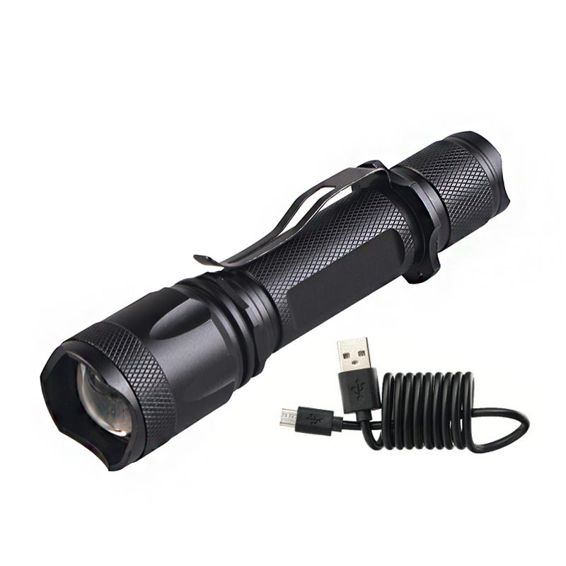 Zoomable High power XML T6 LED Flashlight USB Rechargeable Flashlight with clip