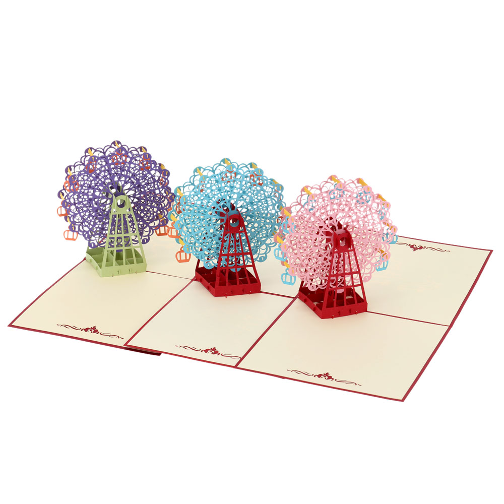 3D Handmade Birthday Card Pop Up Ferris Wheel Design Kirigami Folding Christmas Halloween Thanksgiving Day Postcard with Envelop
