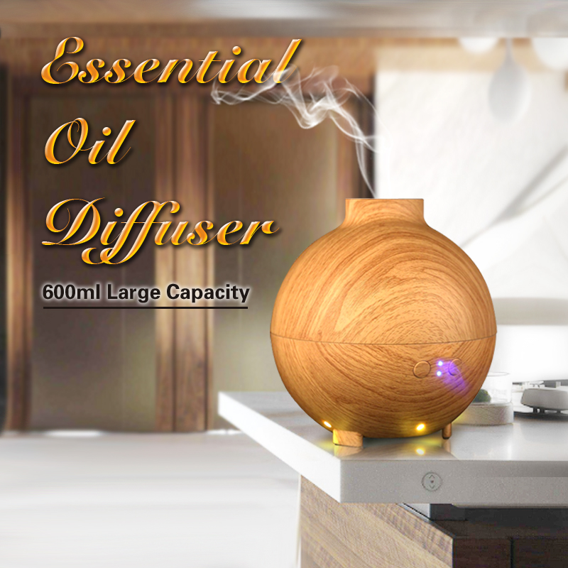 Hidly 600ml Aromatherapy Essential Oil Diffuser, Wood Grain Cool Mist Humidifier with Adjustable Mist Mode and Last Overnight