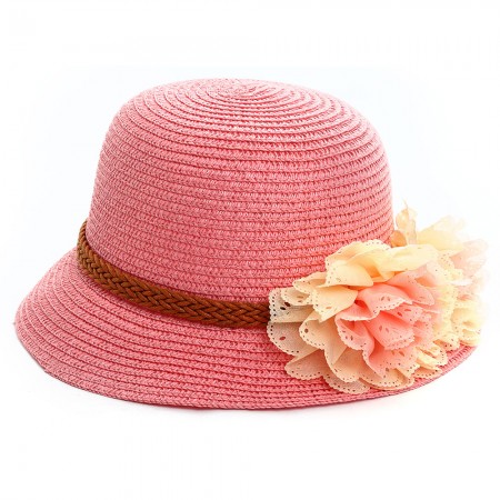 Premium Womens Girls Kids Flower Straw Summer Sun Beach Hat Wide Brim Cap Beige