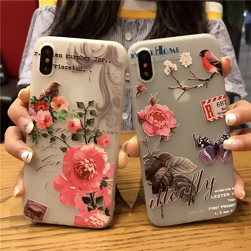 Relief Bird Flower Silicone Case for iPhone X Best Amazon Selling Anti-scratch Transparent Matte TPU Case for iPhone 8