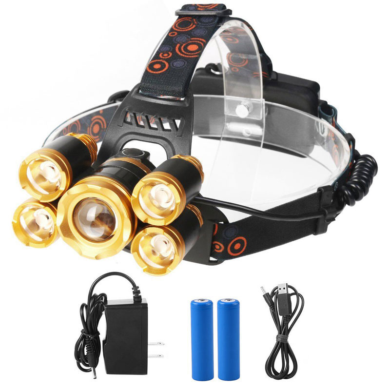 Waterproof 5 Bulbs XML-T6 LED High Lumen Led Headlight 4 Modes 18650 Rechargeable Headlamp