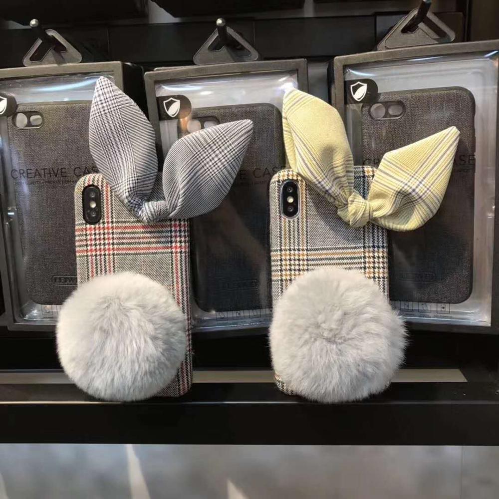 Winter Plaid Checkered Cloth Rabbit Case for iPhone XS Max XR , For iPhone 8 Plus Case Check with Fur Ball for Women