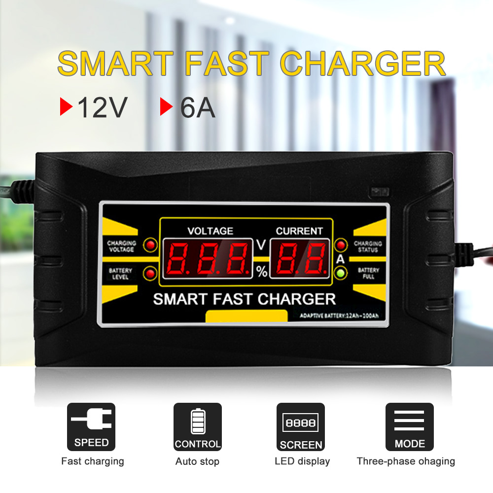 Full Automatic Car Battery Charger 110V/220V To 12V 6A 10A Smart Fast Power Charging For Wet Dry Lead Acid LCD Display US Plug