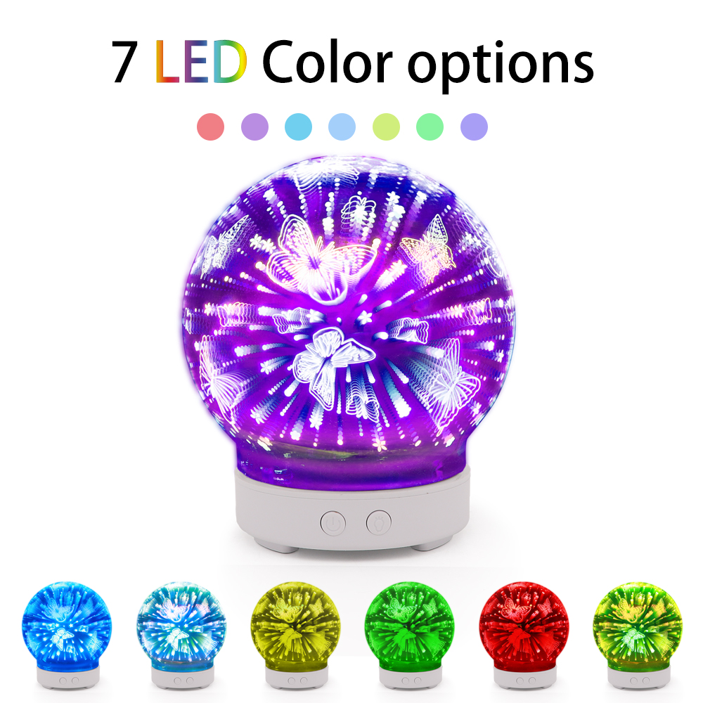 100ml Glass Ultrasonic essential oil humidifier cool mist aroma diffuser with butterfly pattern 3D effect waterless auto-off
