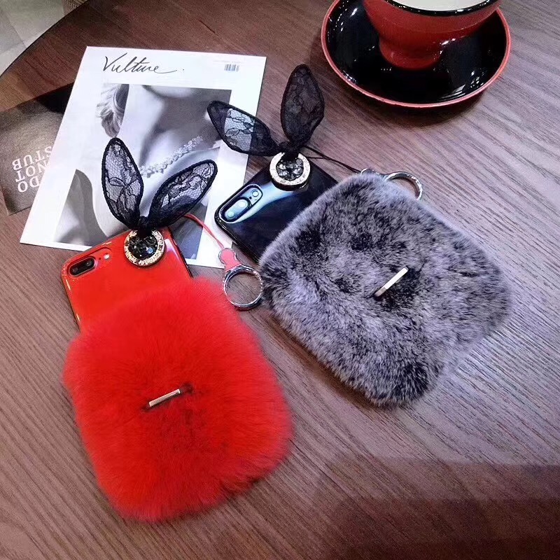 Lovely Cute Rabbit Ear Furry Ring Phone Case for iPhone 7 Plus , for iPhone 8 Fur Case