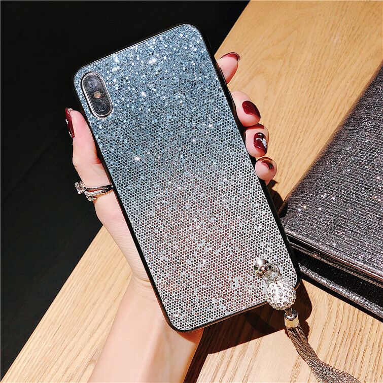 Gradient Glitter Phone Case with Metal Tassel for iPhone 8 Plus X Max  , Pendant Bling Cover Case for Samsung Galaxy j2