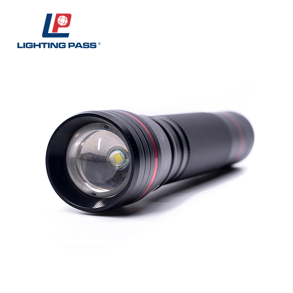 black long range aluminum alloy LED flashlight with telescopic function and anti-skid function