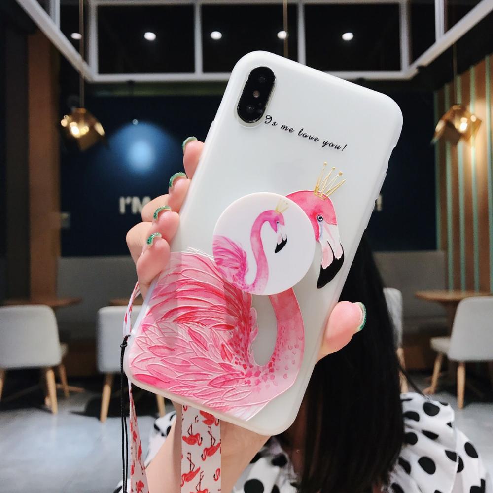 For iPhone XS Max Case with Stand , 3D Relief Print Flamingo Cell Phone Case with Lanyard Strap for iPhone XS XR