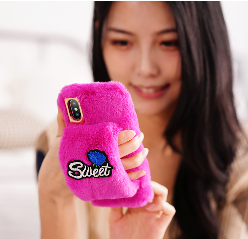 For iPhone XS MAX Fur Case , Embroidery Sweet Rose Wrist Strap Fluffy Phone Case for iPhone 8 Plus XR XS