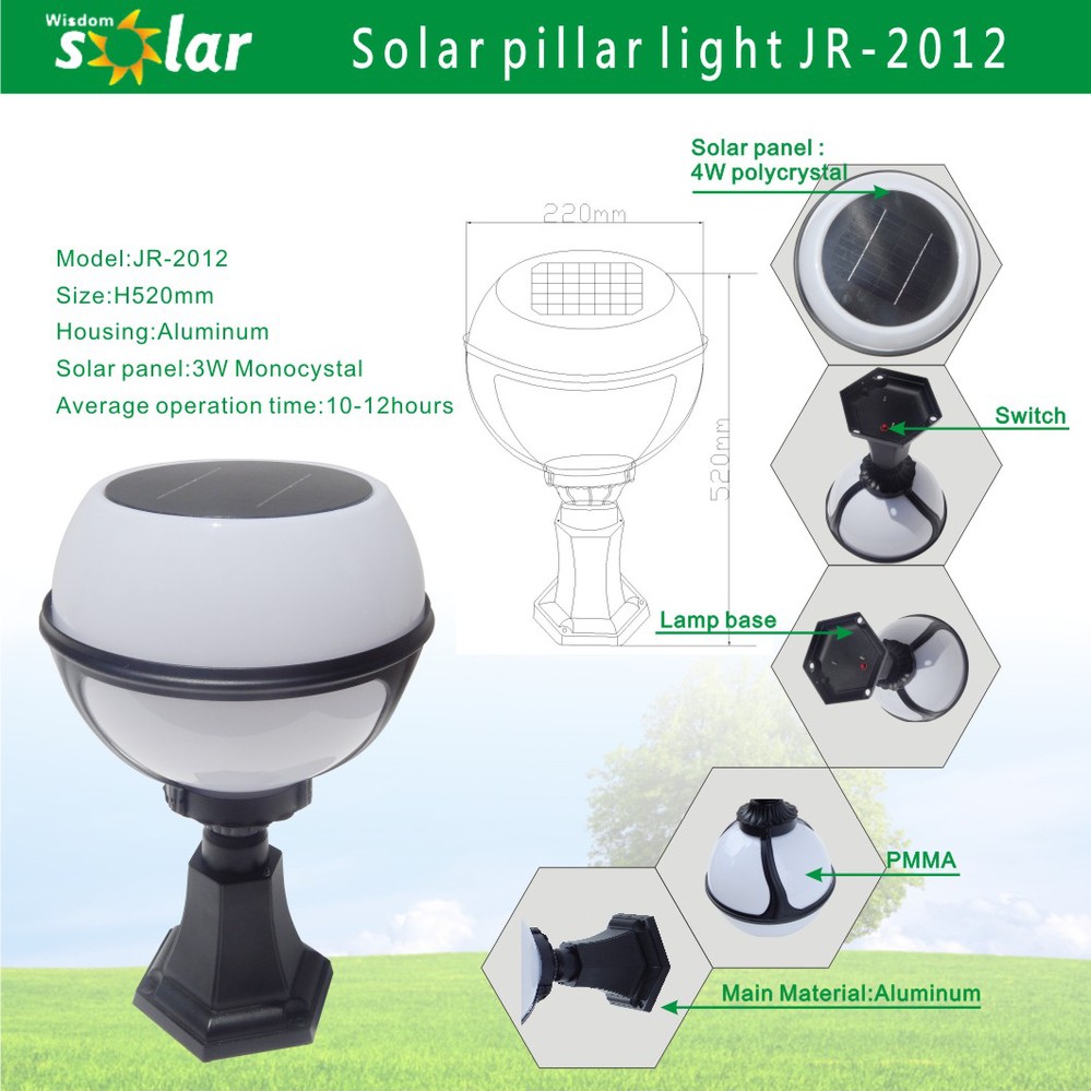 Led solar pillar round light with cheap price and 2 years warranty