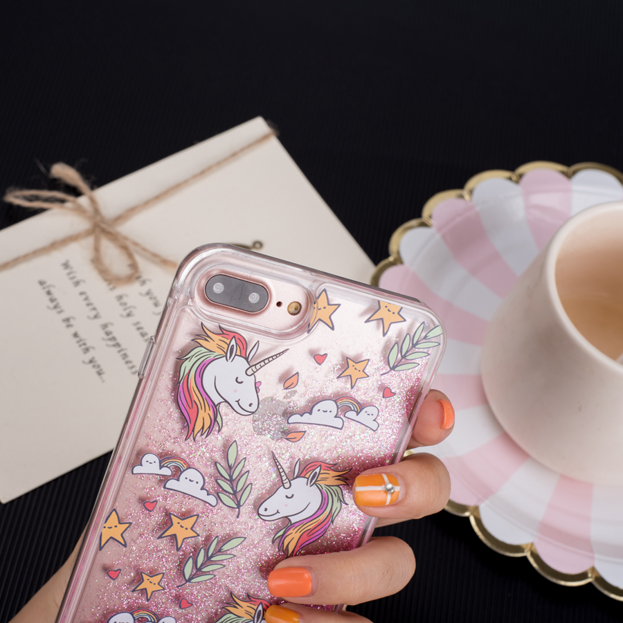 For iPhone 8 Quicksand Case Flamingo , Hot-selling Mobile Phone Accessories Liquid Glitter Unicorn Case for Smartphone