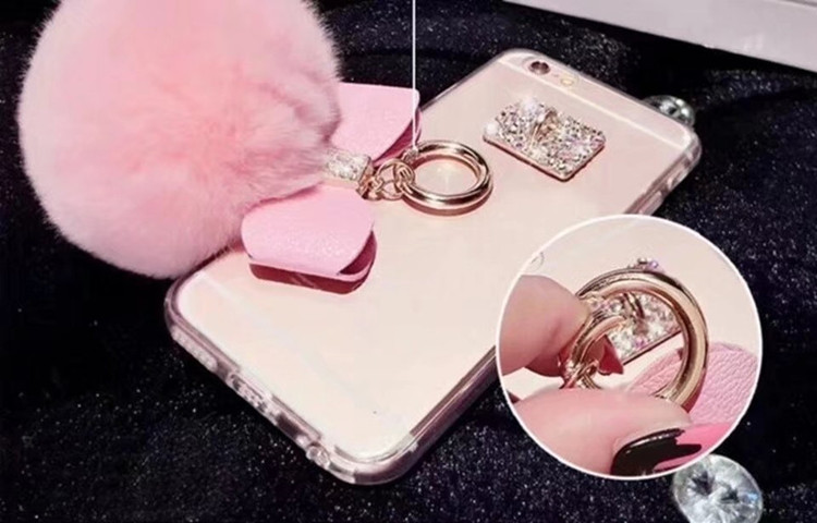 DIY Cute Fur Ball Cell Phone Case for iPhone Xs Max Xr 8 plus for Apple iPhone 7 Girl Protective Case Bow