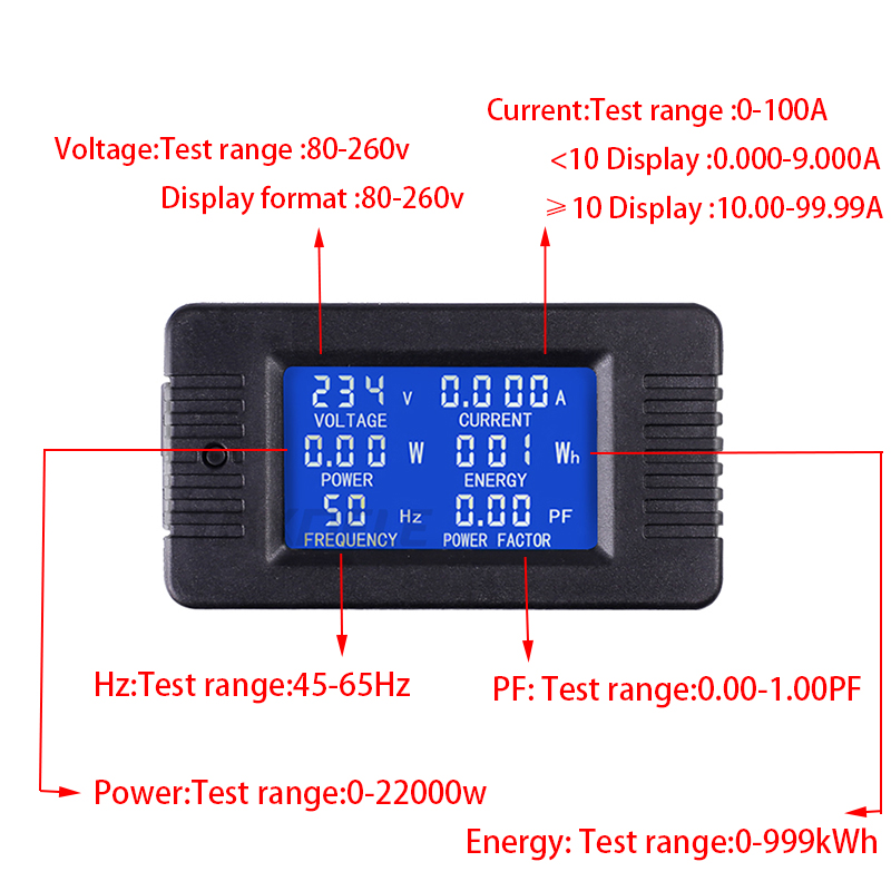 Digital Voltage Current Meter LCD Panel Amp Volt Watt Kwh Power Factor Meter AC80-260V 100A Voltmeter Ammeter with Coil CT TX022