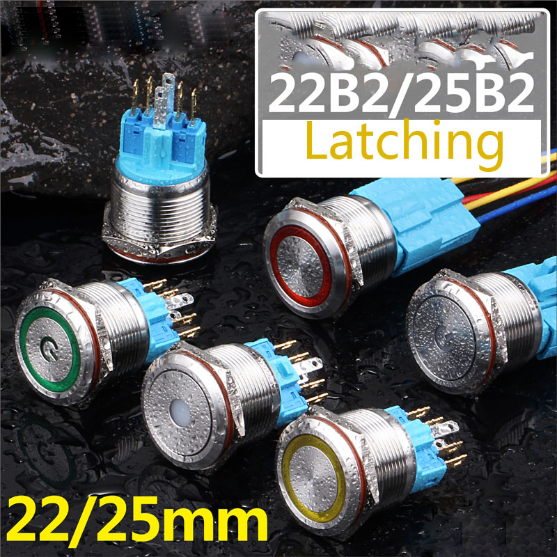 22mm metal button switch waterproof circular ring belt lamp self-locking reset switch stainless steel 12V24V.