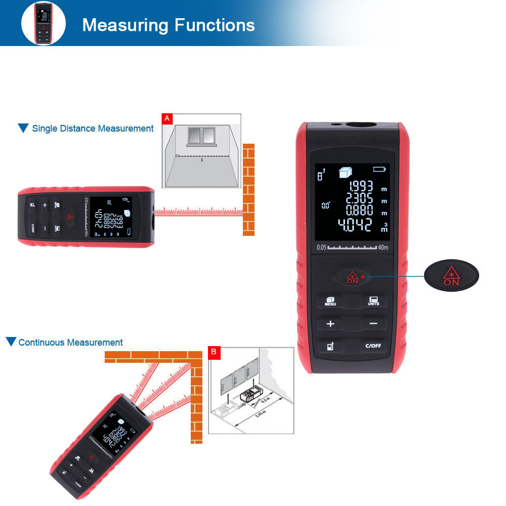 40m Digital Laser rangefinder high precision laser Distance Meter Handheld Range Finder Area Volume Measurement Angle Indication