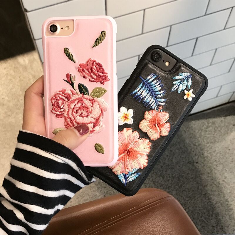 Korean Retro Embroidery Flower Cell Phone Case for iPhone 7 plus 8, for iPhone 6 6s plus Leather Back Case Girl