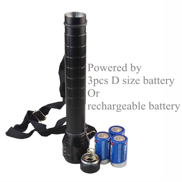 Matt Black Heavy Duty Big Torch Light XP-E Q5 LED D Size Battery Metal Aluminum Zoom Linterna Flashlight with Strap