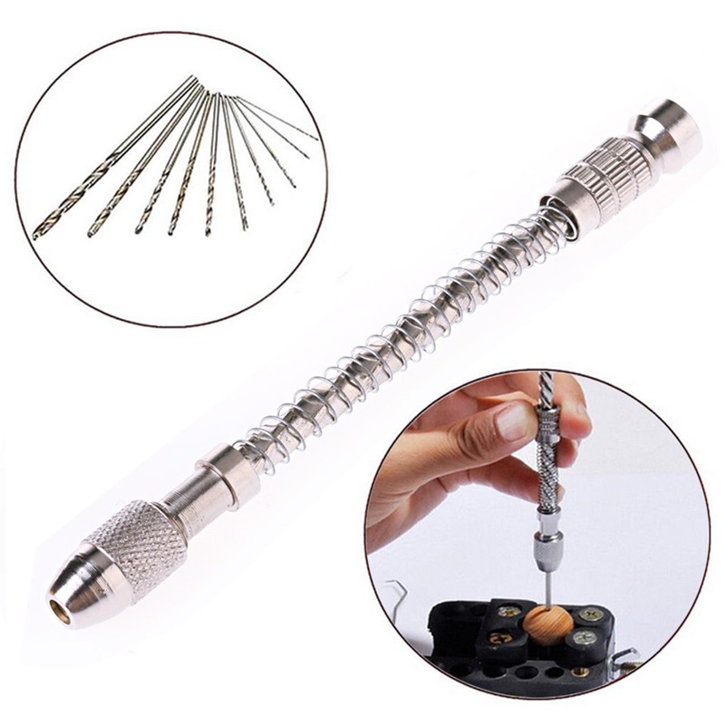 Semi-Automatic Hand Drill + 10pcs Mini Micro Twist Drill Bits Wood Model Manual P20