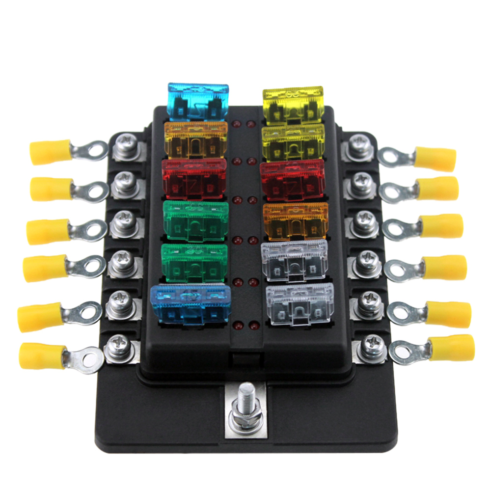 12 Way Blade Fuse Box Holder Fuse Blocks Red LED Indicator 10Pcs Fuses 10Pcs Terminals for Car Boat Marine Caravan Truck 12V 24V