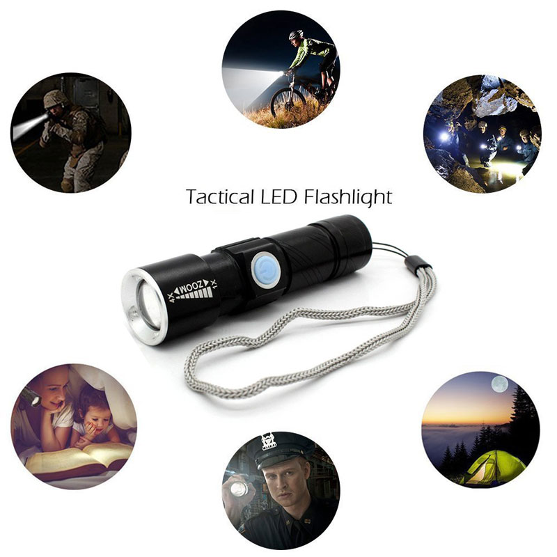 Mini USB Rechargeable LED Flashlight Torch Adjustable Focus Zoomable Aluminum Alloy Portable Rechargeable Light Lamp