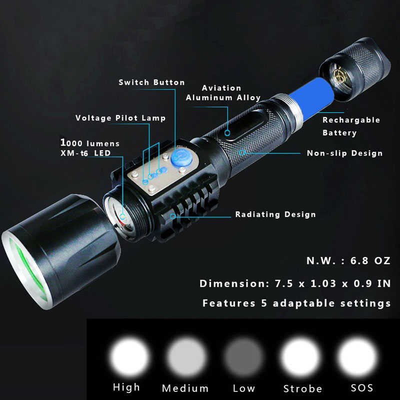 Aluminum Tactical Flashlight T6 LED 10W USB Rechargeable Flashlight